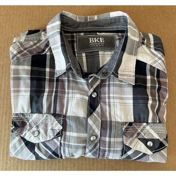 BKE Buckle Plaid Shirt XL Pearl Snap Button Western Blue/Grey/Purple CLEAN - Picture 11 of 11